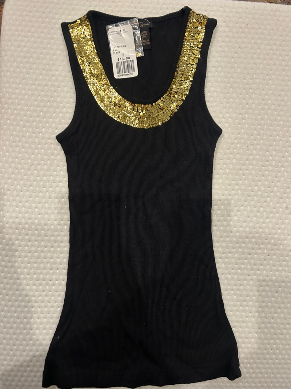 Black Tank Top with Gold Sequin Trim-Small-NWT